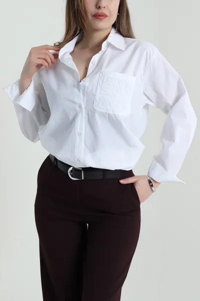 Beyaz Gofre Cepli Poplin Kadın Gömlek Tunik 458105