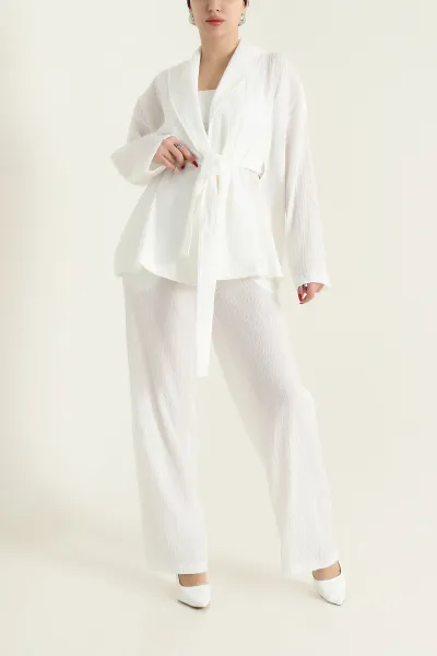 Beyaz Gofre Kimono Pantolon Kadın İkili Takım 429934