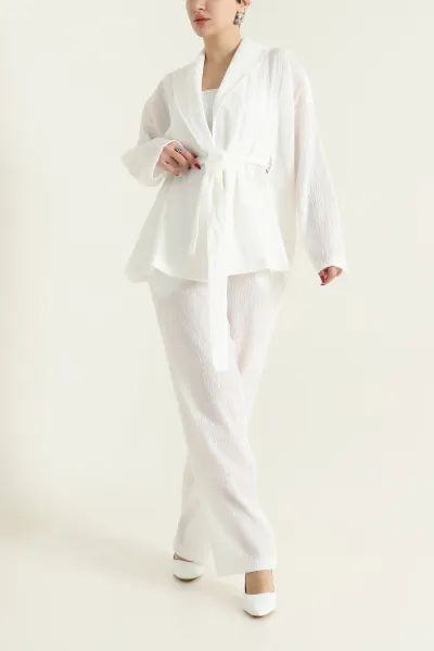 Beyaz Gofre Kimono Pantolon Kadın İkili Takım 429934