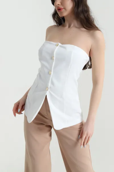 Beyaz Gold Düğmeli Dabıl Kadın Bluz 448470