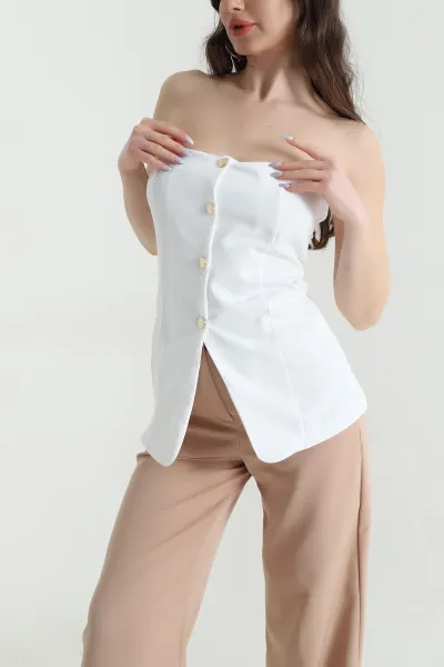 Beyaz Gold Düğmeli Dabıl Kadın Bluz 448470
