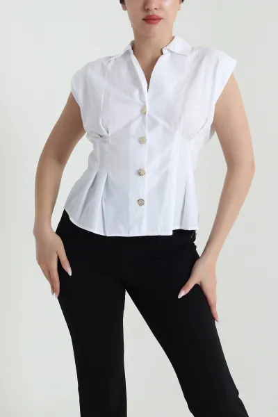 Beyaz Gold Düğmeli Poplin Kadın Yelek 465406