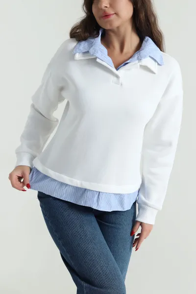Beyaz Gömlek Yaka Garnili Kadın Şardonlu Sweat 492802