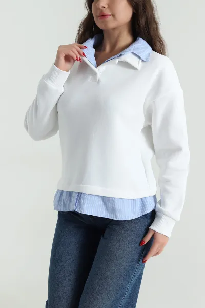 Beyaz Gömlek Yaka Garnili Kadın Şardonlu Sweat 492802