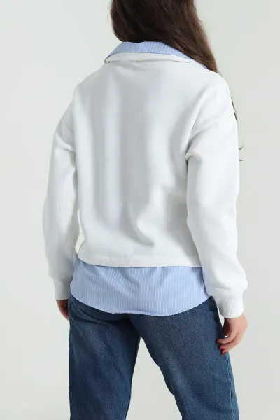 Beyaz Gömlek Yaka Garnili Kadın Şardonlu Sweat 492802