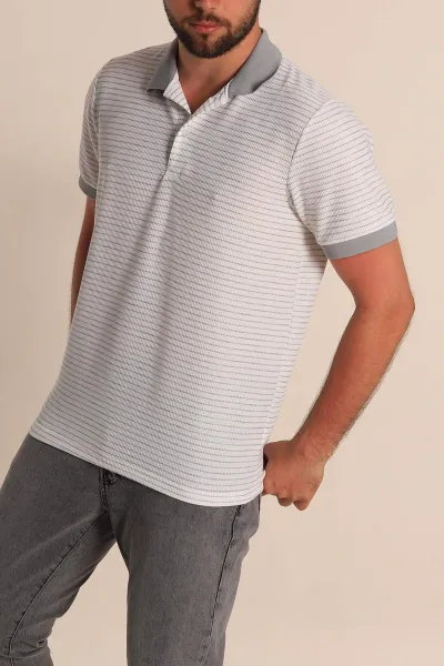 Beyaz Gri Çizgili Regular Fit Polo Yaka Erkek Tişört 277110