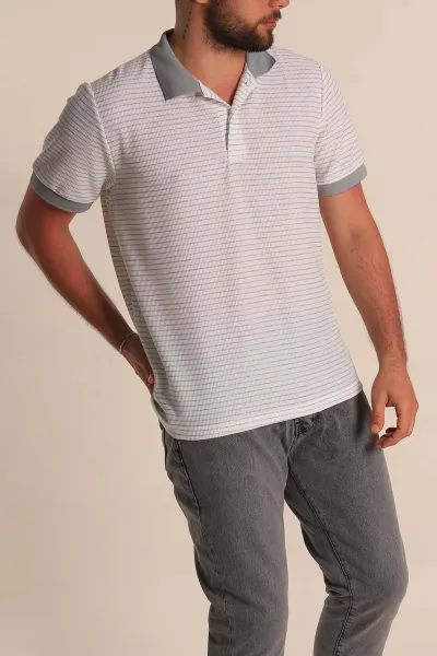 Beyaz Gri Çizgili Regular Fit Polo Yaka Erkek Tişört 277110
