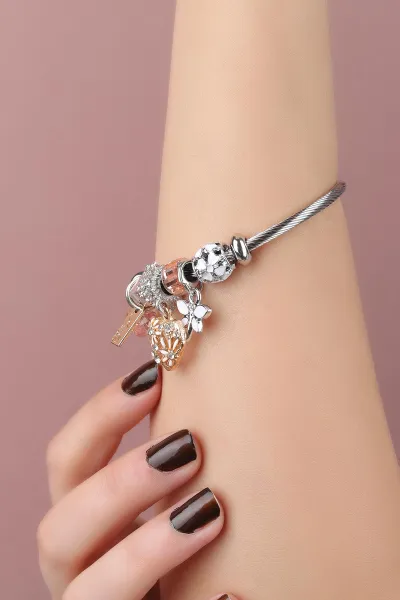 Beyaz Gümüş  Kelebek Detaylı  Zirkon Taşlı Çelik Pandora Bileklik 309984