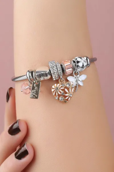 Beyaz Gümüş  Kelebek Detaylı  Zirkon Taşlı Çelik Pandora Bileklik 309984