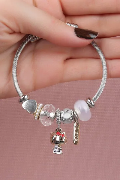 Beyaz Gümüş Taş ve İnci Detaylı Çelik Pandora Bileklik 309942