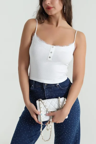 Beyaz Güpür Detay Fitilli Kadın Büstiyer 482381