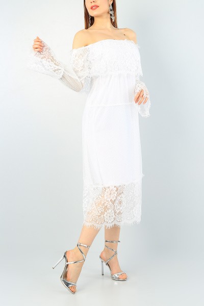 Beyaz Güpür İşlemeli Tül Elbise 61164