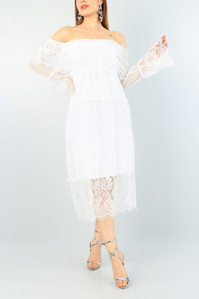 Beyaz Güpür İşlemeli Tül Elbise 61164