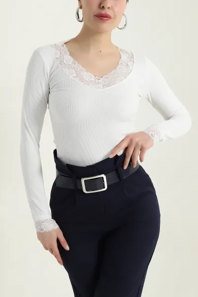 Beyaz Güpürlü Ottoman Likralı Kadın Bluz 437350