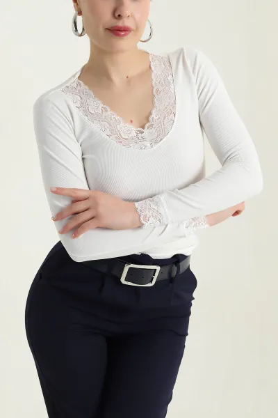 Beyaz Güpürlü Ottoman Likralı Kadın Bluz 437350