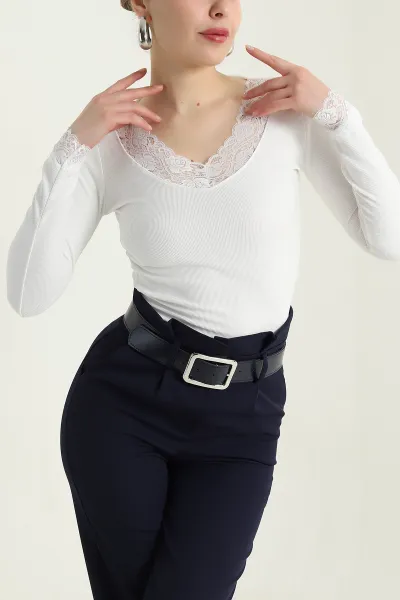 Beyaz Güpürlü Ottoman Likralı Kadın Bluz 437350