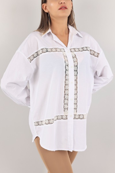 Beyaz Güpürlü Tasarım Poplin Gömlek 124662
