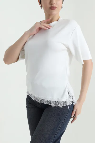 Beyaz Güpürlü Yırtmaçlı Oysho Kadın Bluz 448445