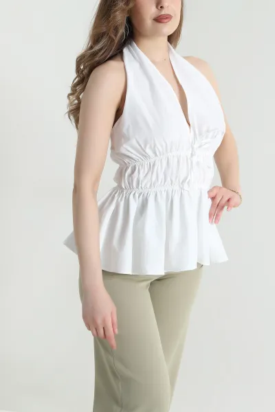 Beyaz Halter Yaka Poplin Kadın Bluz 463617