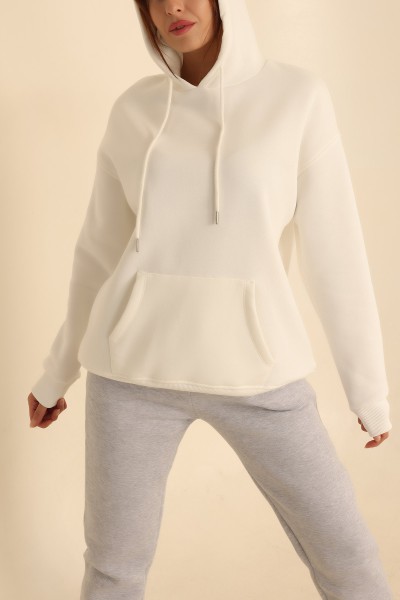 Beyaz İçi Şardonlu Kanguru Cep Sweat 207841
