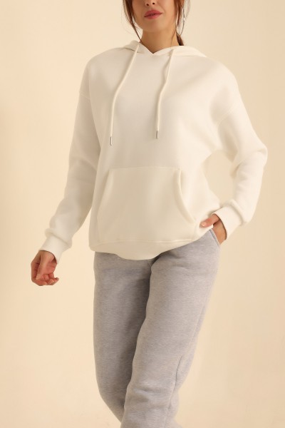 Beyaz İçi Şardonlu Kanguru Cep Sweat 207841
