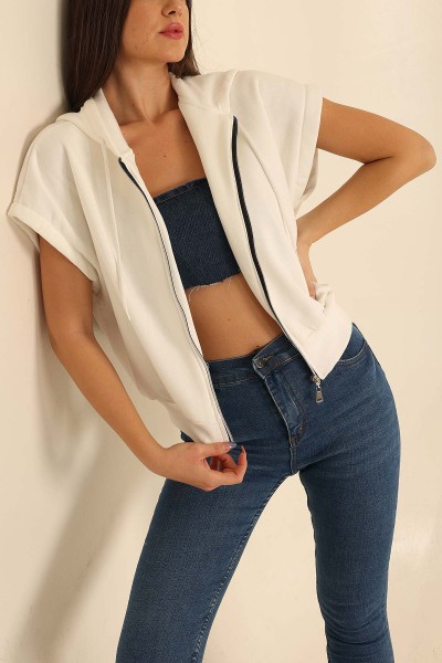 Beyaz İçi Şardonlu Kapüşonlu Kolsuz Sweat 209823