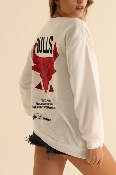 Beyaz İki İp Baskılı Oversize Sweat 199634