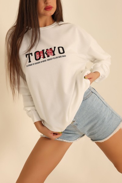 Beyaz İki İp Baskılı Oversize Sweat 199637