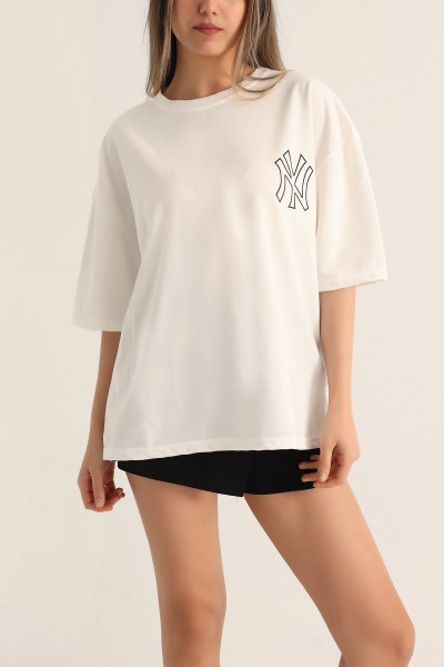 Beyaz İki İp Baskılı Oversize Tişört 174448