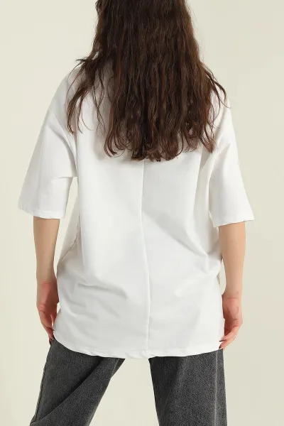 Beyaz İki İp Bisiklet Yaka Kadın Oversize Tişört 423915