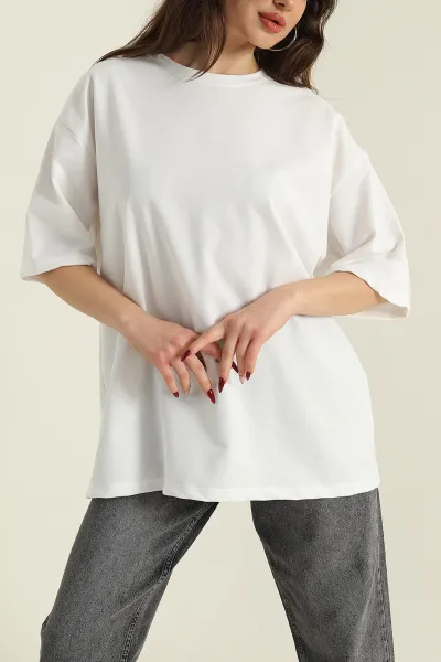 Beyaz İki İp Bisiklet Yaka Kadın Oversize Tişört 423915