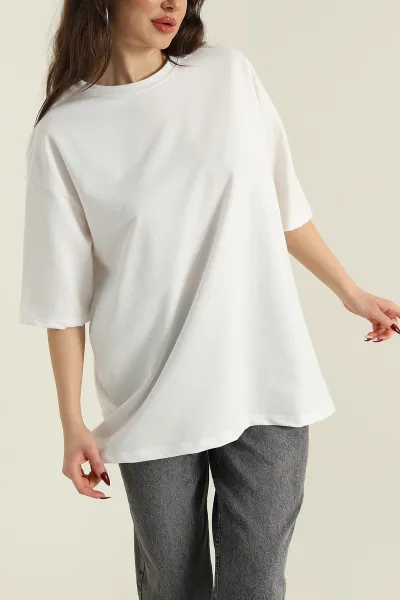 Beyaz İki İp Bisiklet Yaka Kadın Oversize Tişört 423915