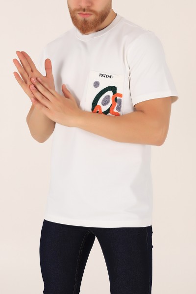 Beyaz İki İp İşlemeli Oversize Erkek Tişört 163748