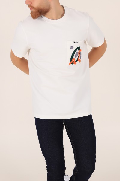 Beyaz İki İp İşlemeli Oversize Erkek Tişört 163748