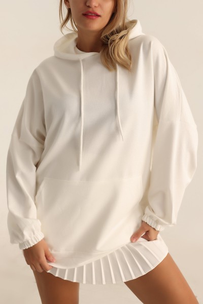 Beyaz İki İp Kapşonlu Sweat Tunik 198421