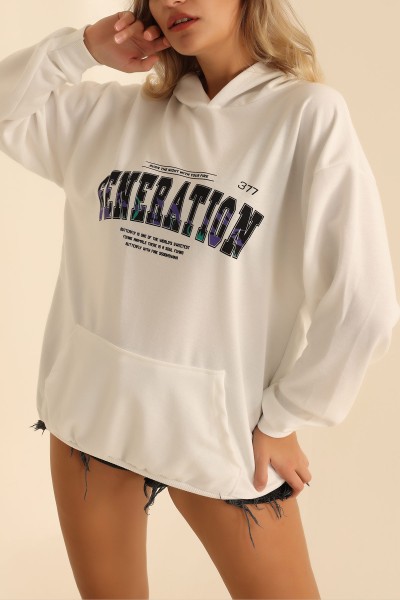 Beyaz İki İp Kapüşonlu Bayan Sweat 199602