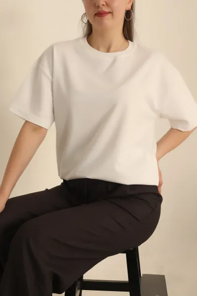 Beyaz İki İp Oversize Bayan Tişört 234382