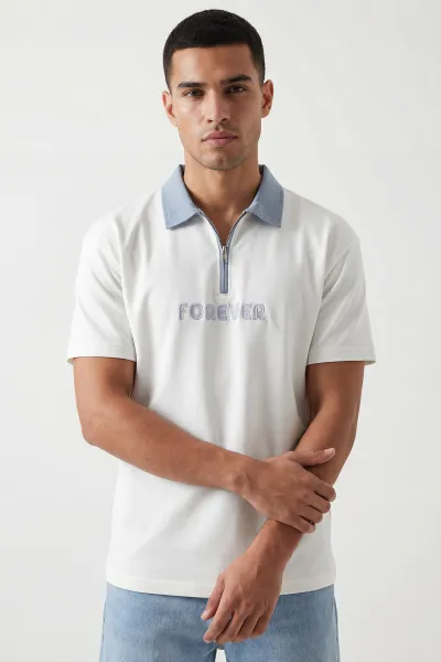 Beyaz İki İp Polo Yaka Yarım Fermuarlı Erkek Tişört 435199
