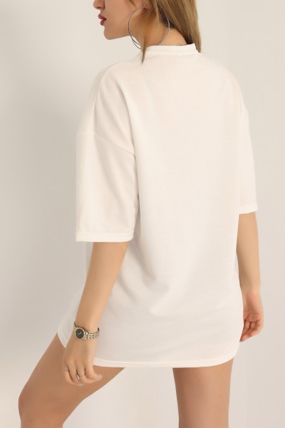 Beyaz İki İp Süzene Cepli Oversize Tişört 174446