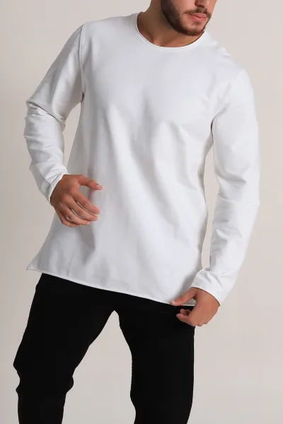 Beyaz İki İp Yırtık Yaka Detaylı Basic Erkek Sweatshirt 299823