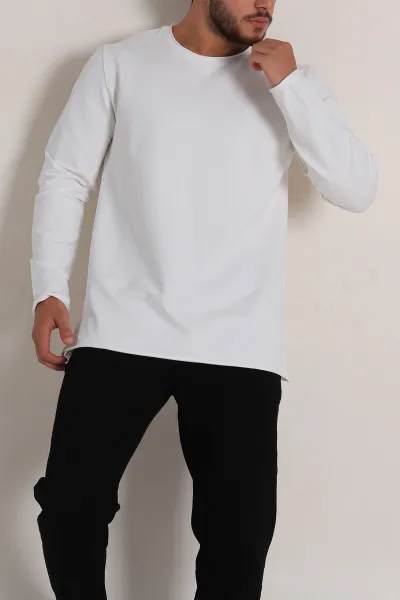 Beyaz İki İp Yırtık Yaka Detaylı Basic Erkek Sweatshirt 299823