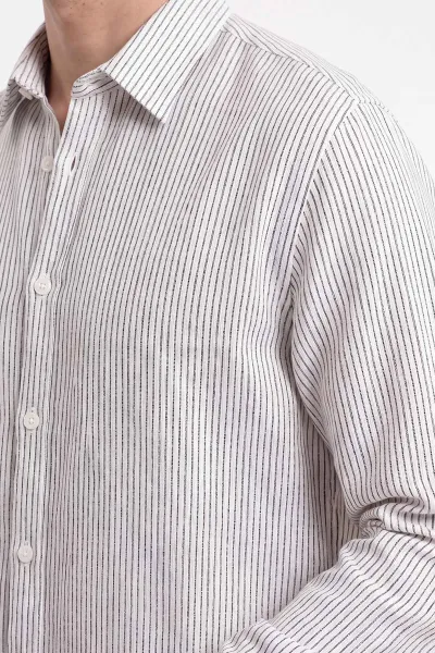 Beyaz İnce Çizgili  Keten Uzun Kol   Erkek Gömlek 471864