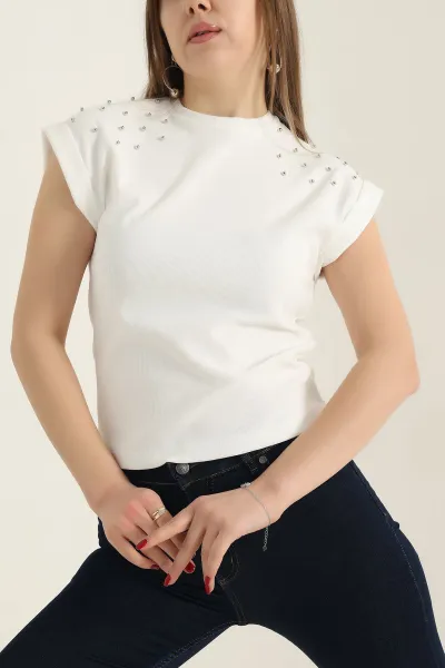 Beyaz İnci Detay Ottoman Likralı Bluz 337547