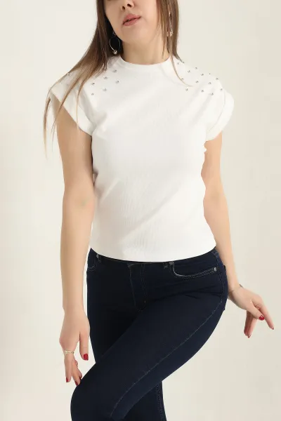 Beyaz İnci Detay Ottoman Likralı Bluz 337547
