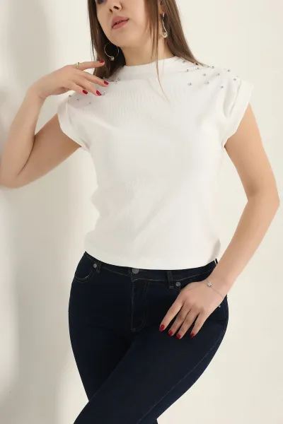 Beyaz İnci Detay Ottoman Likralı Bluz 337547