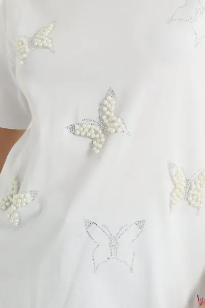 Beyaz İncili Taşlı Süprem Kadın Tişört 347071