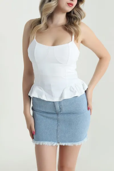 Beyaz İp Askılı Kadın Yazlık Scuba Kadın Bluz 476035