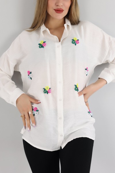 Beyaz İşlemeli Tasarım Bayan Aerobin Gömlek 165395