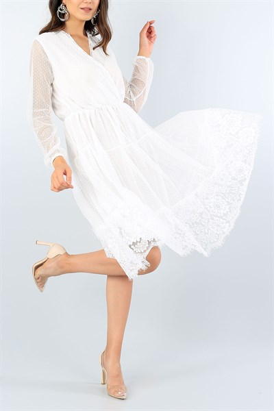 Beyaz İşlemeli Tasarım Tül Elbise 39683