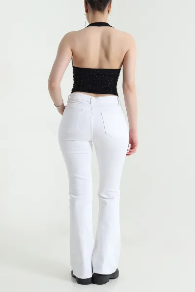 Beyaz İspanyol Paça Comfort Likralı Kadın Kot Pantolon 454578